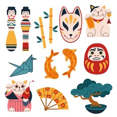 Traditional japanese toys and figurines. Cartoon kokeshi dolls, maneki neko cats and lucky fishes, cultural national elements, vector set.jpg