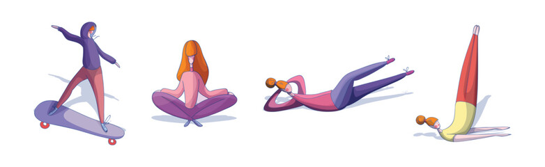 Woman Character Doing Sport and Physical Activity Vector Set