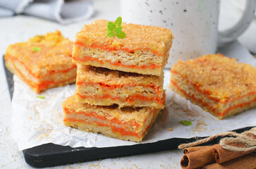 Pumpkin Pie Bars, Crumble Cake, Homemade Pumpkin Dessert on Bright Background