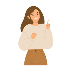 Young cheerful woman pointing her finger up isolated on white background. Character for presentation, speaking gesture, sign, advertising. Flat vector illustration character.