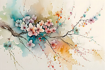 Beautiful spring cherry blossom in pastel colors and light background, watercolor, shallow depth of field, AI generated.