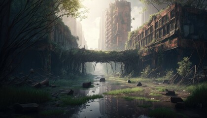 Fototapeta na wymiar Abandoned city/building, post apocalyptic environment, matte painting/concept art resources, the end of the world, illustration, a world reclaimed by nature. Generative AI.
