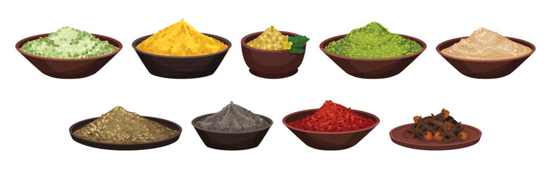 Different Spices and Condiments with Pile and Heaps of Powder in Bowl Vector Set