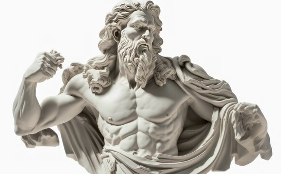 Ancient Greek statue of Zeus (Greek God), studio render, created with Generative AI.