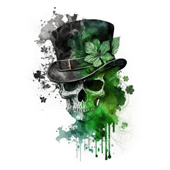 St Patrick skull face in hat with lucky clover, watercolor Generative AI illustration isolated on white 