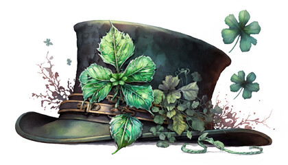 St Patrick black hat with shamrocks and clover leaves watercolor Generative AI illustration isolated on white
