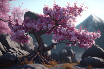 Blossoming trees of sakura cherry, pink blossoms of cherry tree, illustration, generative AI.