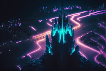 Abstract neon city aerial view. Technology concept of night cityscape with blue lights in synthwave style. Generated AI.