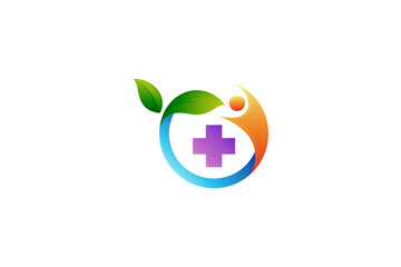 natural healthy life logo with people, medical cross symbol and leaf shape combination