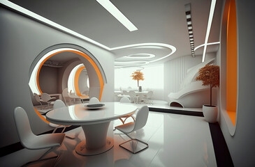 Generative AI illustration of minimalist office white, futuristic, feng shui, zen
