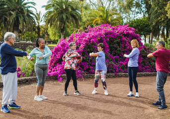 Group of multiracial senior people doing sport stretching exercise at city park - Healthy lifestyle...