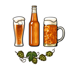 Branch of hop, big mug full of beer with foam and bubbles, bottle and Weizen beer glass. Vector illustration.