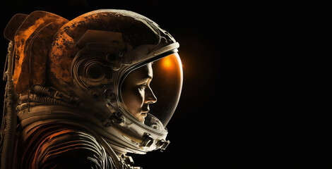 Side-view of astronaut portrait in helmet on dark background with orange light. generative ai