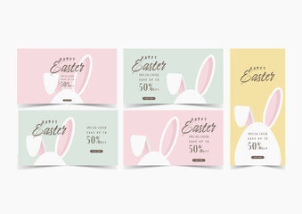 Happy easter sale banner with cute egg bunny design, set of vector illustration