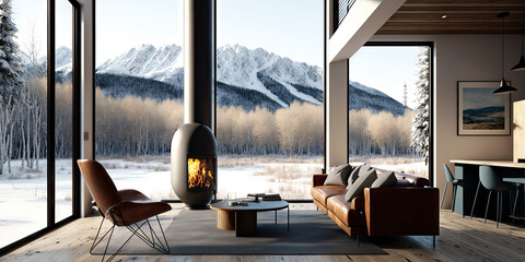 Modern living room with fireplace, forest chalet interior in Winter, snowy mountain view out of windows. Generative AI