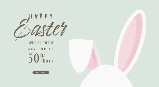 Happy easter sale banner with cute egg bunny design, vector illustration