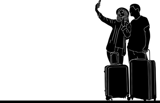 Silhouette of traveling couple taking selfie, sketch drawing vector illustration of husband and wife taking selfie while traveling