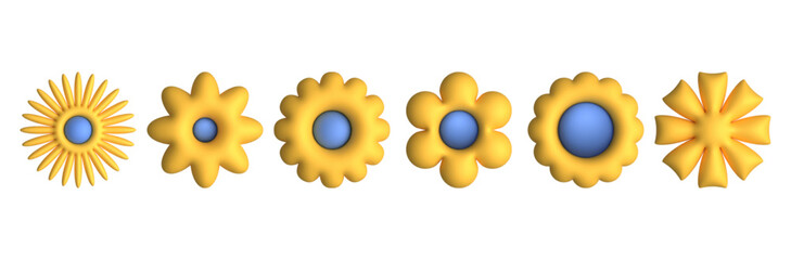 Plastic 3D flower set. Cute realistic daisy stickers with plasticine effect. Minimal colorful illustration