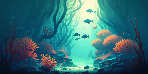 Fototapeta na wymiar Underwater scene with fish and corals, fantasy art, 2d game art, gaming background generated ai