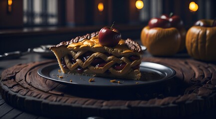 apple pie on a plate in a fancy restaurant generative ai