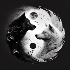  yin and yang, black and white wolves, indian symbol, iconic, spiritual, howling, running, ruffled hair, AI generated - obrazy, fototapety, plakaty