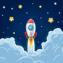 space rocket illustration with smoke trail and stars