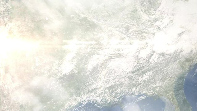 Earth zoom in from outer space to city. Zooming on North Little Rock, Arkansas, USA. The animation continues by zoom out through clouds and atmosphere into space. Images from NASA