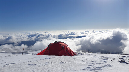 Camp with the magnificent "sea of clouds" at Erciyes Mountain in Turkey's Kayseri