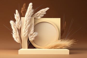 Podium wood display on beige background and dry plant . AI generation