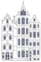 Black and white drawing of old traditional dutch stone houses in Amsterdam.