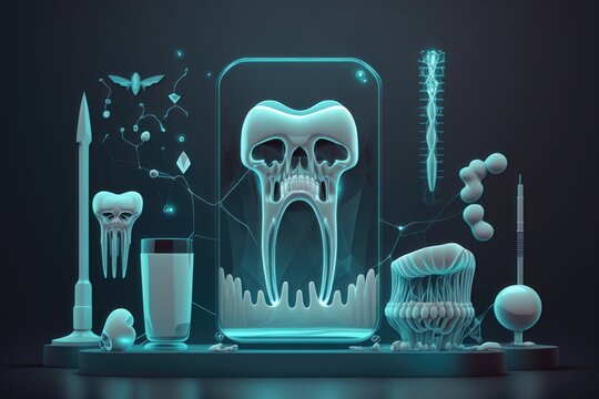 Creative tooth illustration, different tools for dental care. Dental background. AI Generation