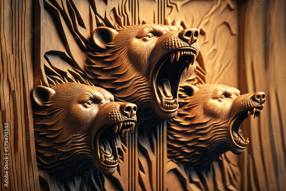 Wall mural wooden bas relief of roaring bears - generative ai