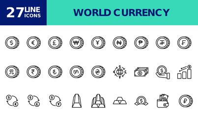 Icon Pack World Currency, Money, Finance. editable file and color.