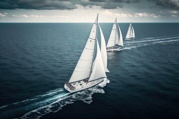 Obraz premium Regatta sailing ship yachts with white sails at opened sea in windy condition. AI Generation