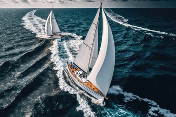 Regatta sailing ship yachts with white sails at opened sea in windy condition. AI Generation - obrazy, fototapety, plakaty