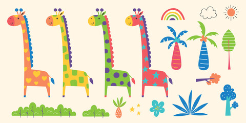 Cute colorfull giraffe elements in hand drawn style. vector illustration of giraffe for children,baby design © Maryam Hamila