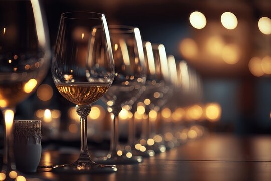 Many glasses of different wine in a row on bar counter. AI Generation