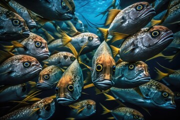 School of fishes with blue water background. AI Generation