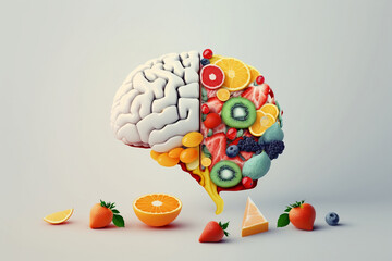 Brain with fruits, concept of healthy living and eating healthy food