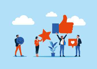 Customer giving rating stars, likes and positive feedback. Key success to career.  Modern vector illustration in flat style