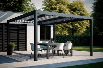 Modern patio furniture includes a pergola shade structure, an awning, a patio roof, a dining table, seats, and a metal grill. Generative AI - obrazy, fototapety, plakaty