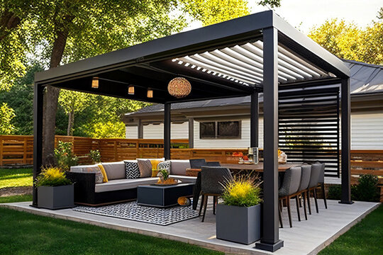 Modern patio furniture includes a pergola shade structure, an awning, a patio roof, a dining table, seats, and a metal grill. Generative AI	