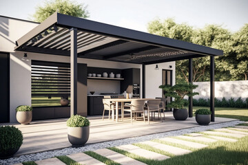 Modern patio furniture includes a pergola shade structure, an awning, a patio roof, a dining table, seats, and a metal grill. Generative AI - obrazy, fototapety, plakaty