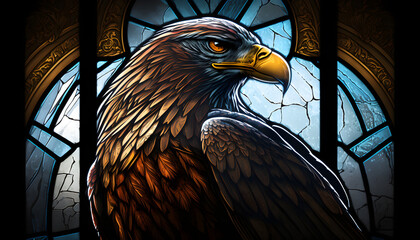 an eagle against the background of a colorful multicolored stained glass window