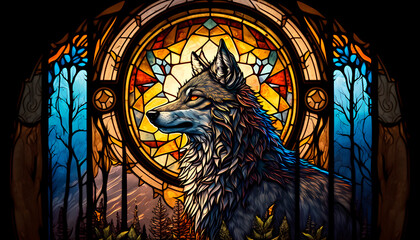 
The wolf stands in front of a stained-glass window of colorful windows - obrazy, fototapety, plakaty