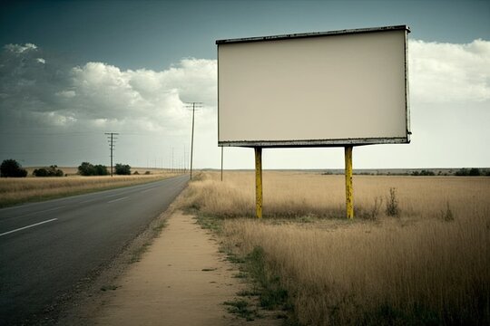 Empty bigboard on tall metal legs, located next to a rural road. Generative AI illustration.