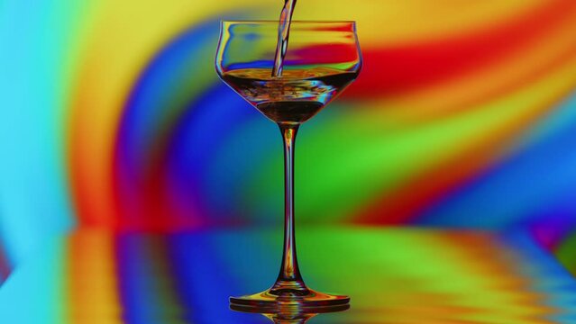 The clear glass is being filled infront of a colorful curvy rainbow background. The reflactions warp with the shape of the glass. High quality 4k footage