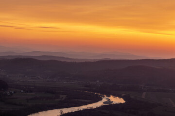 Amazing landscape of a sunset over the Dunajec River in southern Poland.