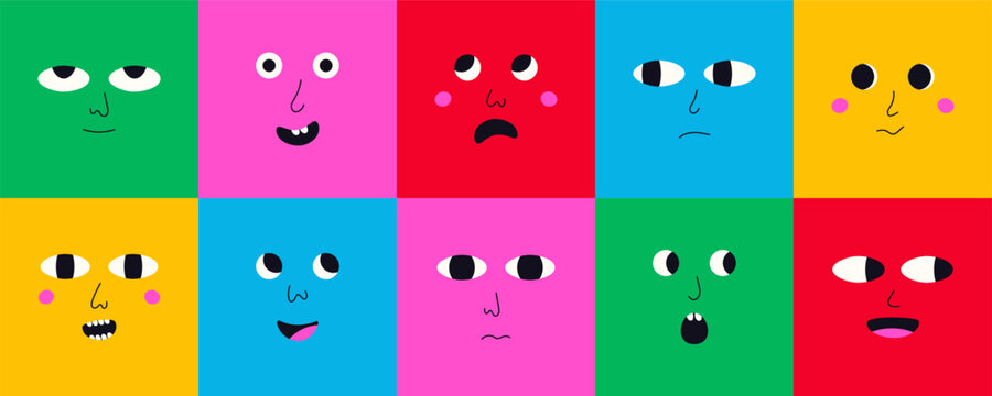 Funny people face mood expression emotion. Colorful doodle character set, modern cartoon avatars. Vector flat illustration