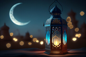 Ornamental and golden Arabic lantern with moon glowing night and glittering golden bokeh lights. Festive greeting card, invitation for Muslim holy month Ramadan Kareem dark background. generative ai